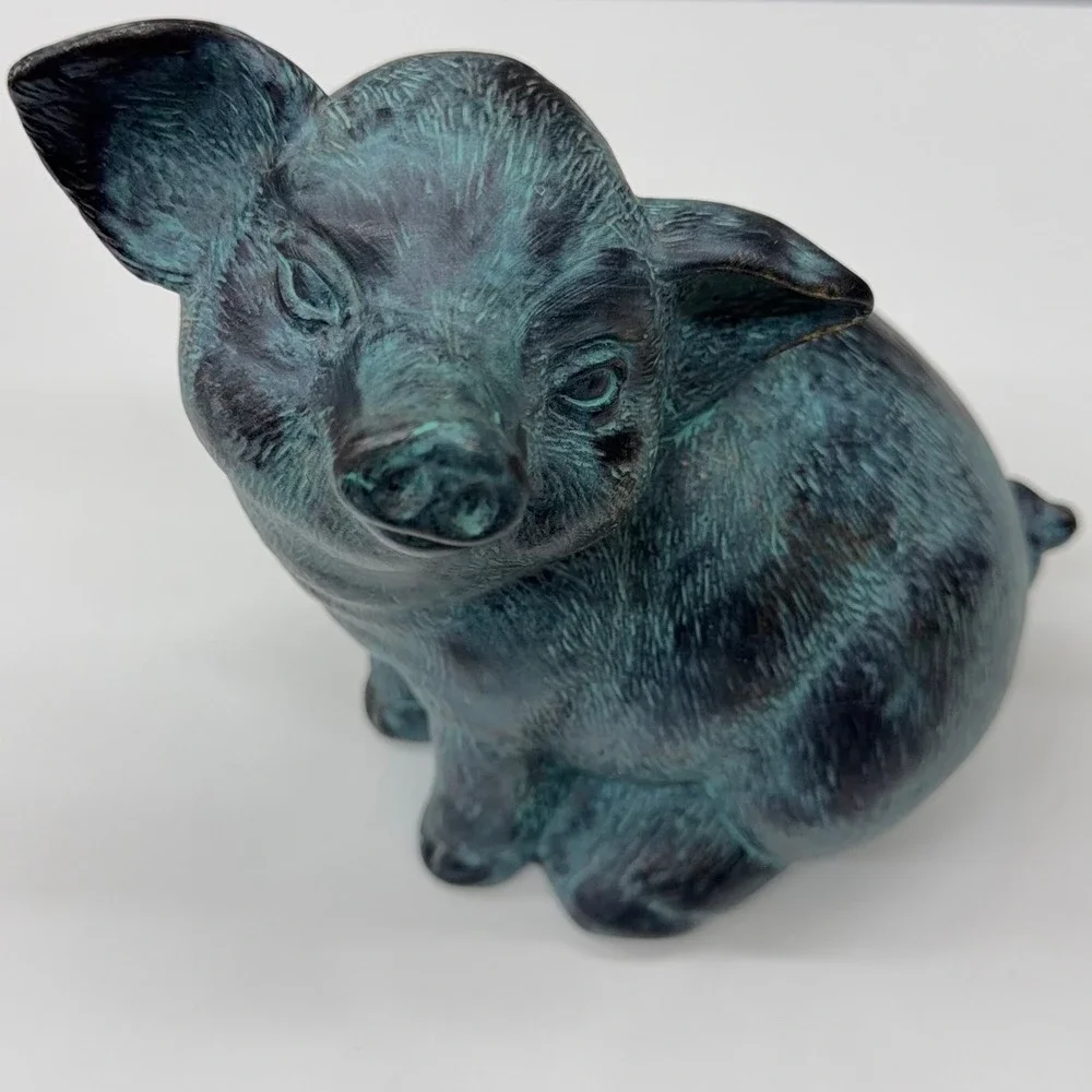 Vintage Style Verdigris Faux Bronze Pig Figurines Set‎ of 2 Farmhouse Decor Teal